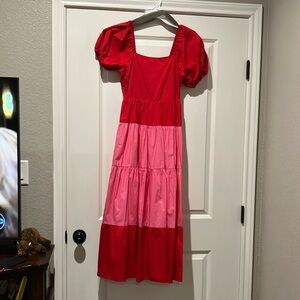 English Factory Women’s Red and Pink Square Neck Tiered Dress-XS-NWOT
